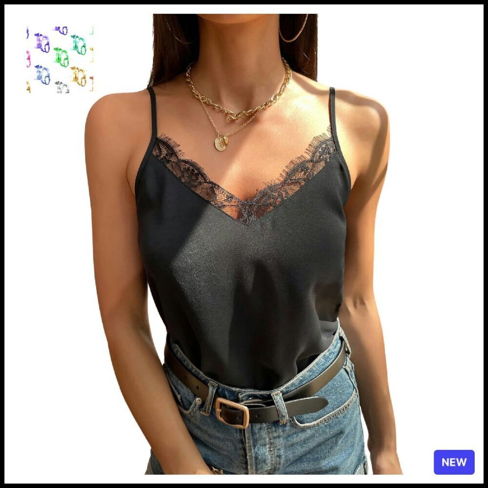 Lace Trim V-Neck Cami Top Elegant Chic Minimal Going Out Spaghetti Strap